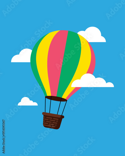 Colorful Striped Hot Air Balloon Floating in Bright Blue Sky with White Clouds, Adventure Travel and Leisure Vector Illustration Isolated on Blue Background