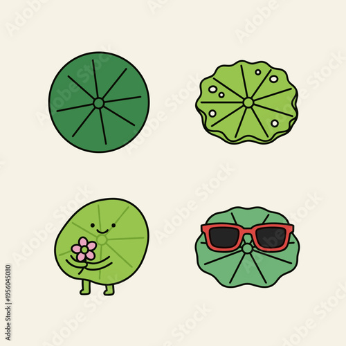 Cute Cartoon Lotus Leaf Characters Collection, Flat Vector Illustrations of Adorable Water Lily Pads with Playful Personalities, Isolated on Light Beige Background 