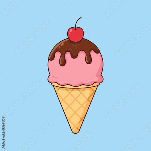 Delicious Cartoon Ice Cream Cone with Pink Scoop, Chocolate Syrup and Cherry Topping Isolated on Light Blue Background for Summer Dessert and Treat Design