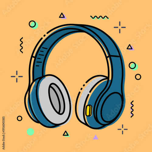 Stylish Cartoon Over-Ear Headphones Icon, Blue and Grey Headset Isolated on Orange Background for Audio, Music and Entertainment Concept Design