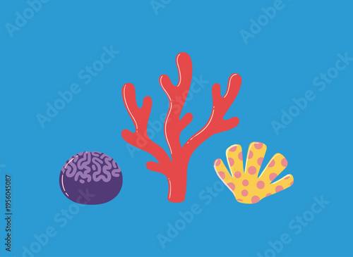 Vibrant Cartoon Coral Reef Set, Cute Vector Illustrations of Different Marine Corals, Isolated on Bright Blue Background for Underwater Ocean Life and Nature Design