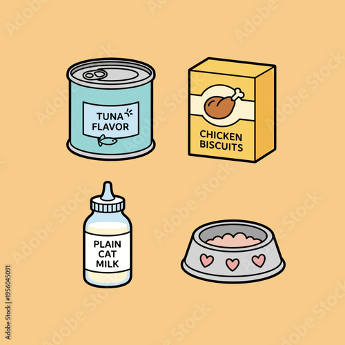 Cute Cat Supplies and Food Set, Playful Vector Illustrations of Tuna Can, Chicken Biscuits, Cat Milk and Feeding Bowl, Isolated on Light Beige Background for Pet Care Design