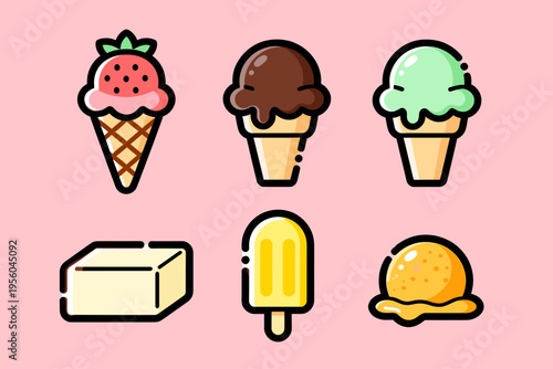 Assorted Cute Ice Cream Treats Collection, Playful Vector Illustrations of Cones, Popsicles and Scoops, Isolated on Soft Pink Background for Summer Dessert and Party Design