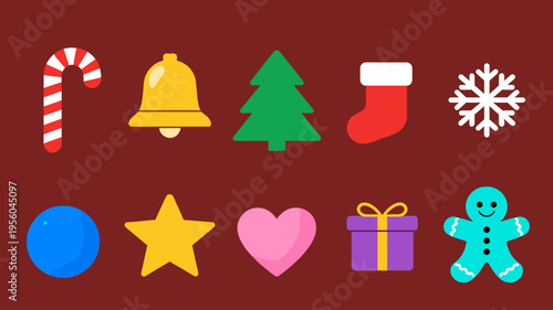 Festive Christmas Decorations Icons Set, Cute Vector Illustrations of Holiday Symbols Including Candy Cane, Bell, Tree and Gift, Isolated on Dark Red Background for Winter Celebration