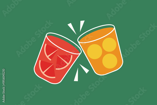 Two Cute Cartoon Cocktail Glasses Clinking Together, One with Grapefruit Slices and One with Orange Slices, Isolated on Green Background