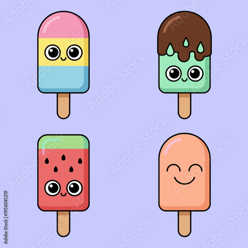 Four Cute Cartoon Popsicle Characters in Diverse Flavors and Colors, Including Tri-color, Mint Chocolate, Watermelon and Orange, Isolated on Light Purple Background