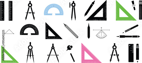 Collection of various drafting tools including rulers, compasses, protractors, set squares, and pencils in different colors and styles