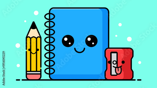 Cute Cartoon Stationery Characters Including Pencil, Spiral Notebook and Pencil Sharpener with Playful Smiling Faces, Isolated on Turquoise Background