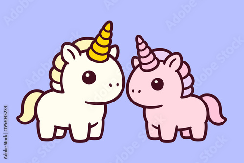 Two Cute Cartoon Unicorn Characters in White and Pink Shades with Golden and Pink Horns, Isolated on Light Purple Background