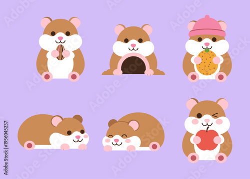 Cute Cartoon Hamsters Collection in Different Poses Isolated on Purple Background, Adorable Rodent Pets Eating, Lying and Wearing Hat Vector Illustration for Kids, Nursery and Graphic Design