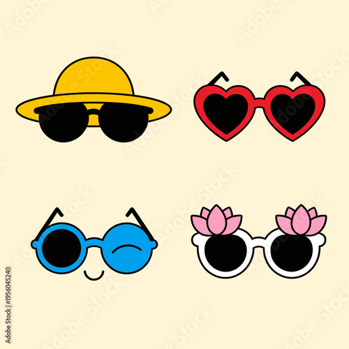 Cartoon Fashion Accessories Set Isolated on Beige Background, Stylish Sunglasses with Heart Shape, Lotus Flower and Yellow Hat Vector Icons for Summer, Vacation and Graphic Design
