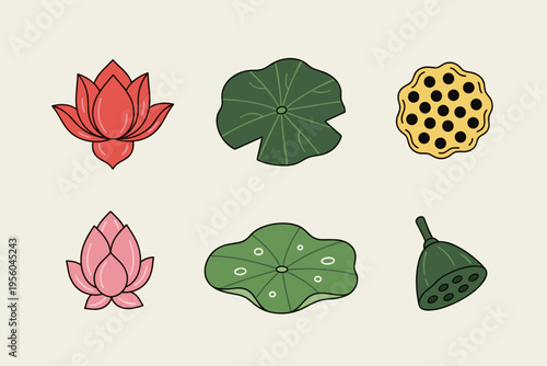 Lotus Flower, Leaf and Seed Pod Collection Isolated on Beige Background, Cartoon Aquatic Plants with Pink and Red Blooms Vector Illustration for Zen, Asian Garden and Botanical Design