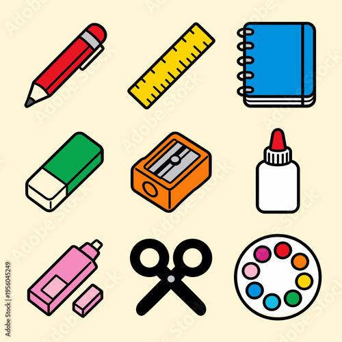 Cartoon Stationery and School Supplies Set Isolated on Beige Background, Pencil, Ruler, Notebook, Scissors and Paint Palette Vector Icons for Education, Art and Office Design
