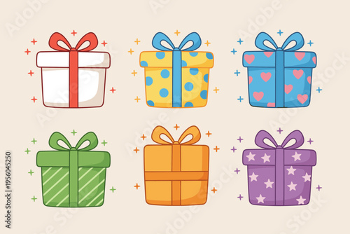 Colorful Cartoon Gift Boxes Collection Isolated on Beige Background, Wrapped Presents with Ribbons, Bows and Patterns Vector Icons for Celebration, Birthday and Holiday Design