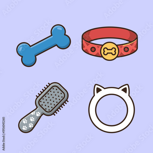 Cute Cartoon Pet Accessories Set, Dog Bone Toy, Collar, Pet Brush and Cat Ear Ring Isolated on Light Purple Background Vector Illustration for Pet Care Themes