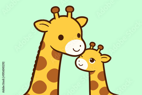 Cute Cartoon Giraffe Parent and Baby Pair, Smiling Yellow Giraffes with Brown Spots in Loving Interaction Isolated on Light Green Background Vector Illustration