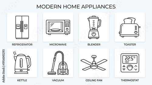 Home appliances icons set with fridge, microwave, blender, toaster, kettle, vacuum, fan, thermostat