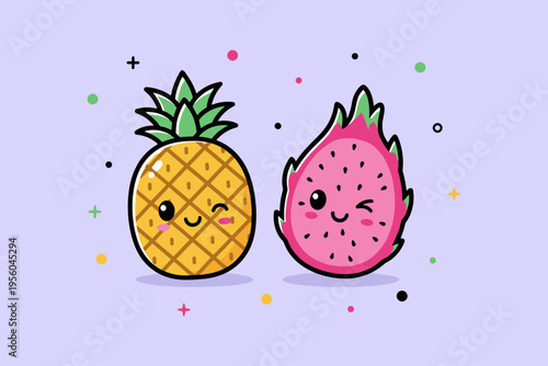 Cute Cartoon Tropical Fruits Set Isolated on Purple Background, Winking Pineapple and Dragon Fruit Vector Illustration for Healthy Snack, Summer and Food Graphic Design