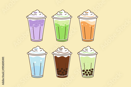 Set of Six Colorful Creamy Drinks, Taro, Matcha, Orange, Blue, Chocolate Boba and Green Boba Tea, Isolated on Beige Background Vector Illustrations for Beverage and Bubble Tea Design Projects
