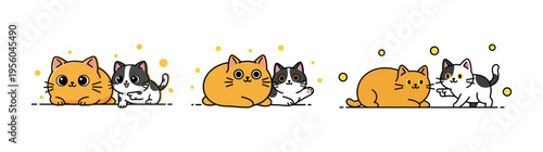 Three Cute Cartoon Cat Pairs in Playful Poses, Orange Tabby and Black and White Cats Interacting, Isolated on White Background for Pet and Feline Character Design