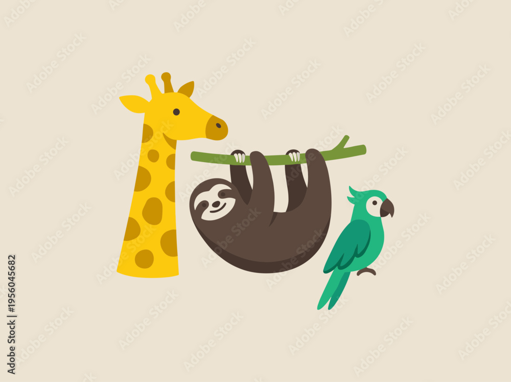 Fototapeta premium Cute Cartoon Safari Animals Set Isolated on Beige Background, Giraffe, Sloth and Green Parrot Vector Illustration for Kids, Zoo and Wildlife Graphic Design