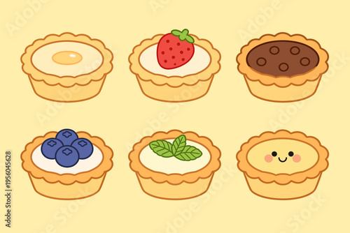 Set of Six Cute Cartoon Tarts with Varied Toppings, Including Custard, Strawberry, Chocolate, Blueberry, Mint and Smiley Face, Isolated on Light Yellow Background 