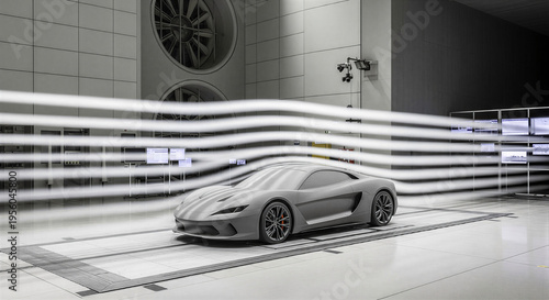 Prototype car in wind tunnel laboratory with visible airflow patterns