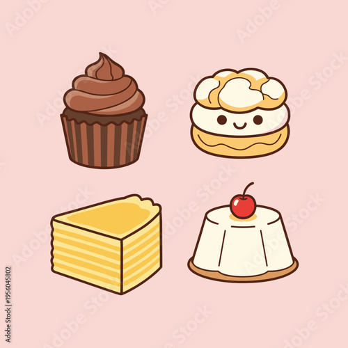 Cute Kawaii Cartoon Dessert Icons Collection, Chocolate Cupcake, Smiling Cream Puff, Crepe Cake Slice and Pudding with Cherry Isolated on Pink Background