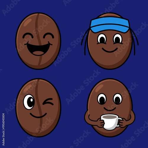 Cute Kawaii Cartoon Coffee Bean Characters Set, Four Smiling Coffee Beans with Headband and Coffee Cup Isolated on Dark Blue Background
