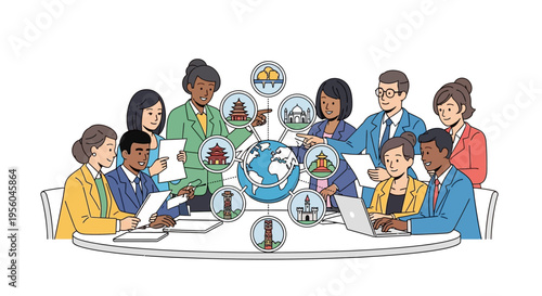 Diverse business team discussing global architecture projects around table