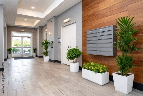 Modern apartment building lobby with mailboxes and plants