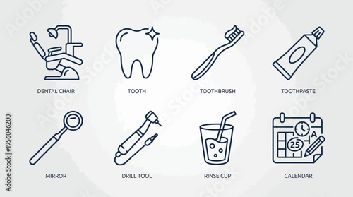 Dental care icons set with chair, tooth, brush, tools, calendar, minimal outline style, clean black design