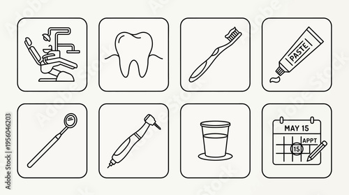 Dental care icons set with chair, tooth, brush, tools, calendar, minimal outline style, clean black design
