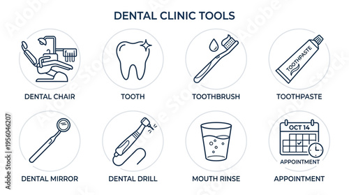 Dental care icons set with chair, tooth, brush, tools, calendar, minimal outline style, clean black design