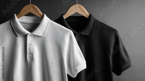 Two polo shirts hanging on hangers against a dark grey background
