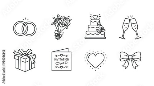 Wedding icons set with rings, cake, bouquet, champagne, gifts, minimal outline style, clean black design