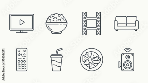Home theater icons set with movie, snacks, sofa, speaker, minimal outline style, clean black design