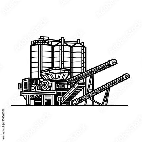 Detailed Line Art Illustration of a Concrete Batching Plant.