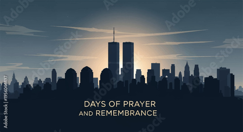 Vector illustration of NYC skyline at sunset with Days of Prayer and Remembrance text