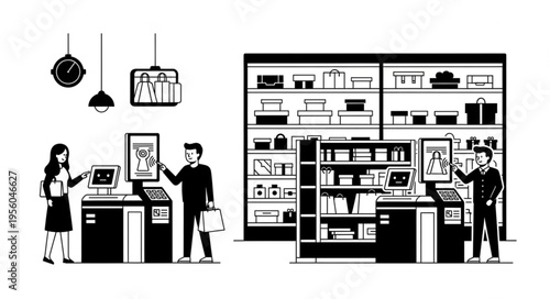 Customers Using Self-Checkout Kiosks in a Retail Store.