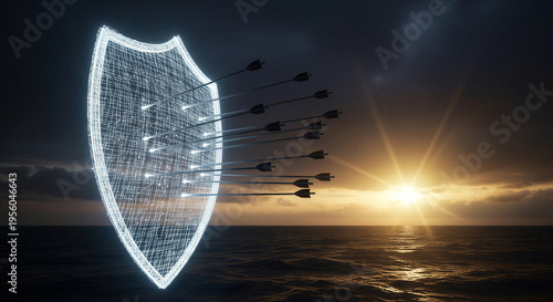 Digital wireframe shield blocking flying arrows over sea at sunset