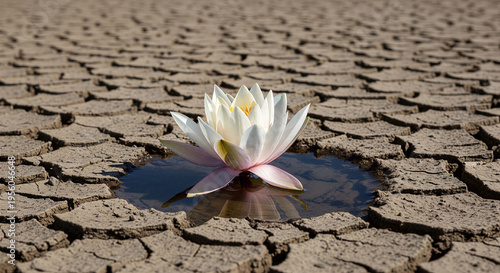 White lotus flower blooming in small puddle on dry cracked earth