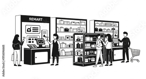 Customers using self-checkout kiosks in a modern retail store.