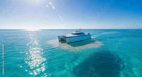 White catamaran boat sailing on turquoise tropical ocean water