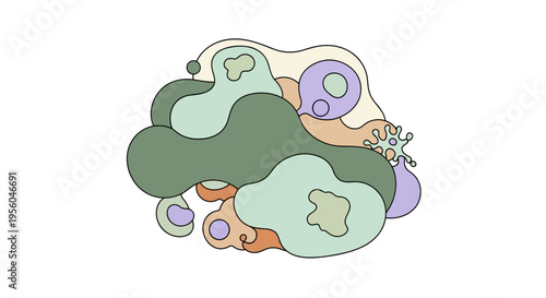Minimalist abstract composition featuring organic fluid shapes and amoeba-like forms in muted green, purple, and orange. Modern line art isolated on white background.