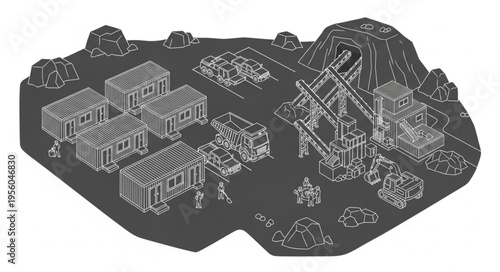 Detailed architectural rendering of a complex industrial facility.