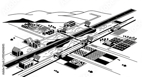 Detailed Architectural Drawing of a City Intersection with Buildings and Roads.
