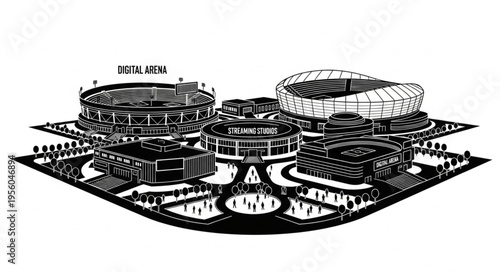 Detailed architectural rendering showcasing multiple stadium structures.
