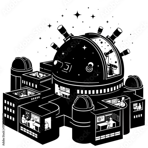 Detailed Black and White Illustration of an Astronomical Observatory.