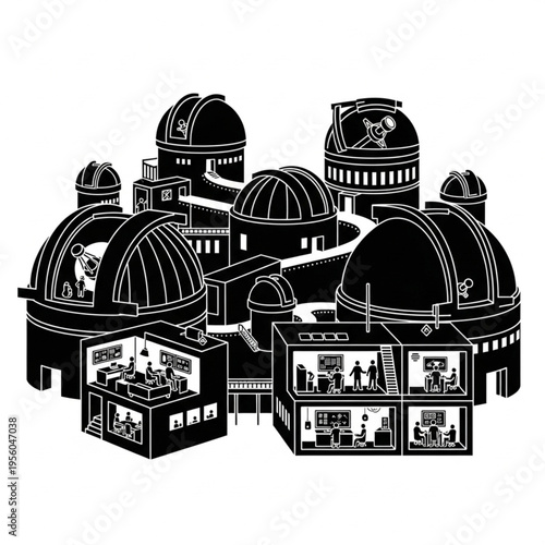 Detailed Black and White Illustration of an Astronomical Observatory.